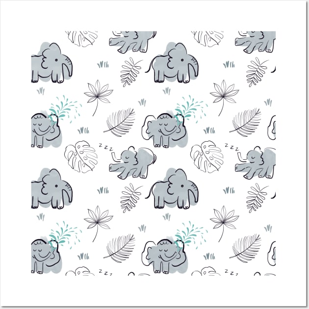 Cute baby pattern with elephants and plants Wall Art by DanielK